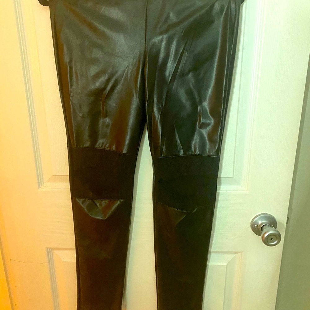 NWOT - pleather leggings with lace knee cut-outs